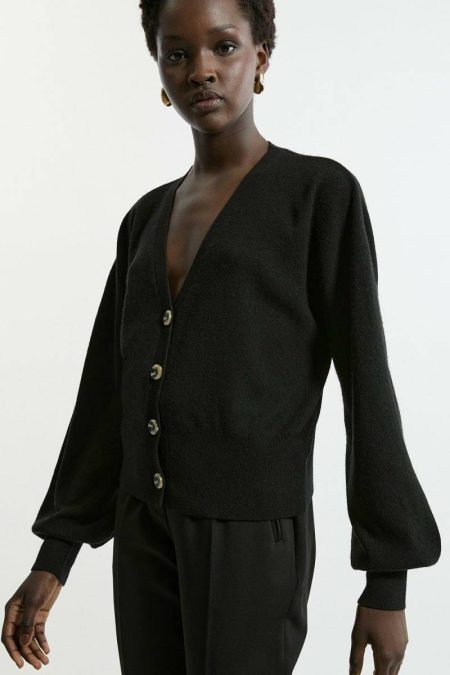 Alpaca Wool Blend Balloon Sleeve Cardigan Women Tailoring Black Karen Millen