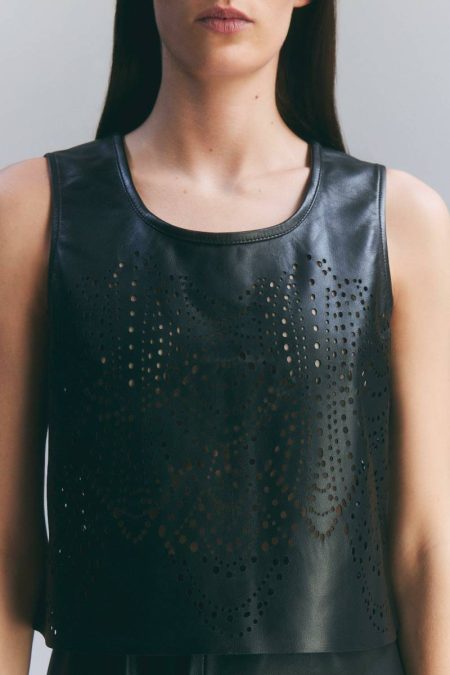 Amelia Graham Leather Cutwork Tailored Shell Top Women Black Karen Millen Tops