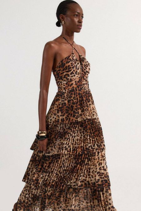 Animal Georgette Crinkle Tiered Halterneck Midi Dress Midi Dresses Animal Women Karen Millen