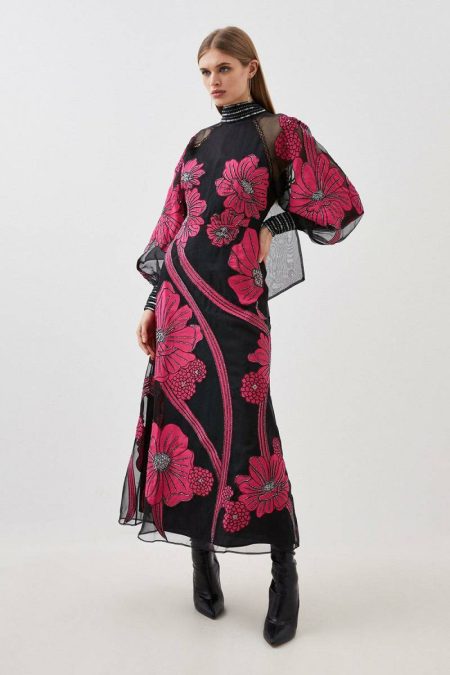 Applique Organdie Floral Graphic Maxi Dress Women Maxi Dresses Black Karen Millen