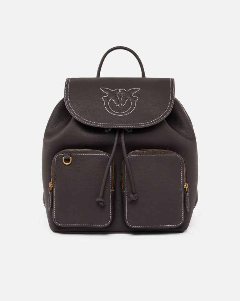 Backpacks Brown-Antique Gold Pinko Multi-Pocket Backpack In Tumbled Leather