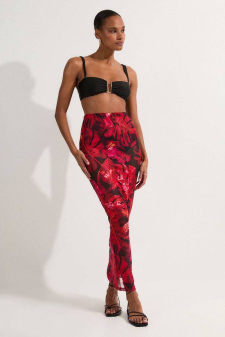 Beach Tropical Leaf Print Midi Skirt Women Red Karen Millen Skirts