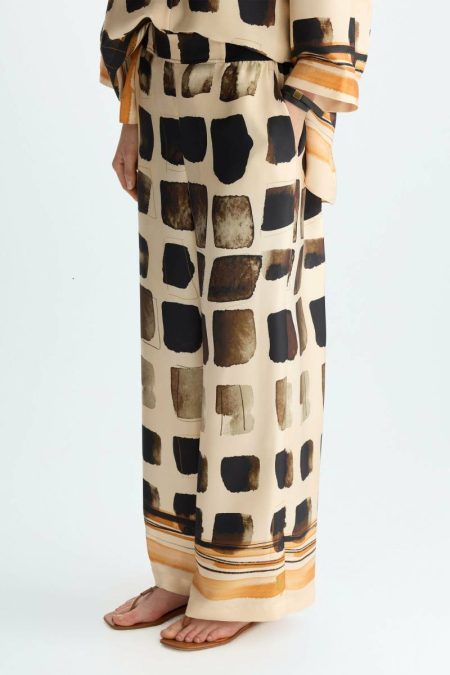 Beige/Multicolor Women Trousers Purificacion Garci Cubos Print Twill Wide-Leg Trousers