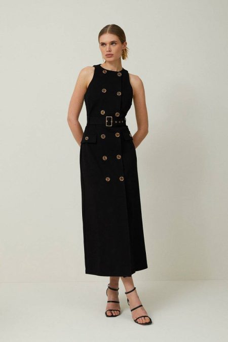 Belted Dresses Black Ponte Button Detail Belted Midi Dress Women Karen Millen