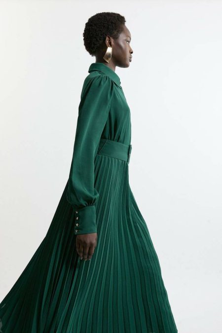 Belted Dresses Petite Pleated Woven Maxi Shirt Dress With Belt Women Karen Millen Forest