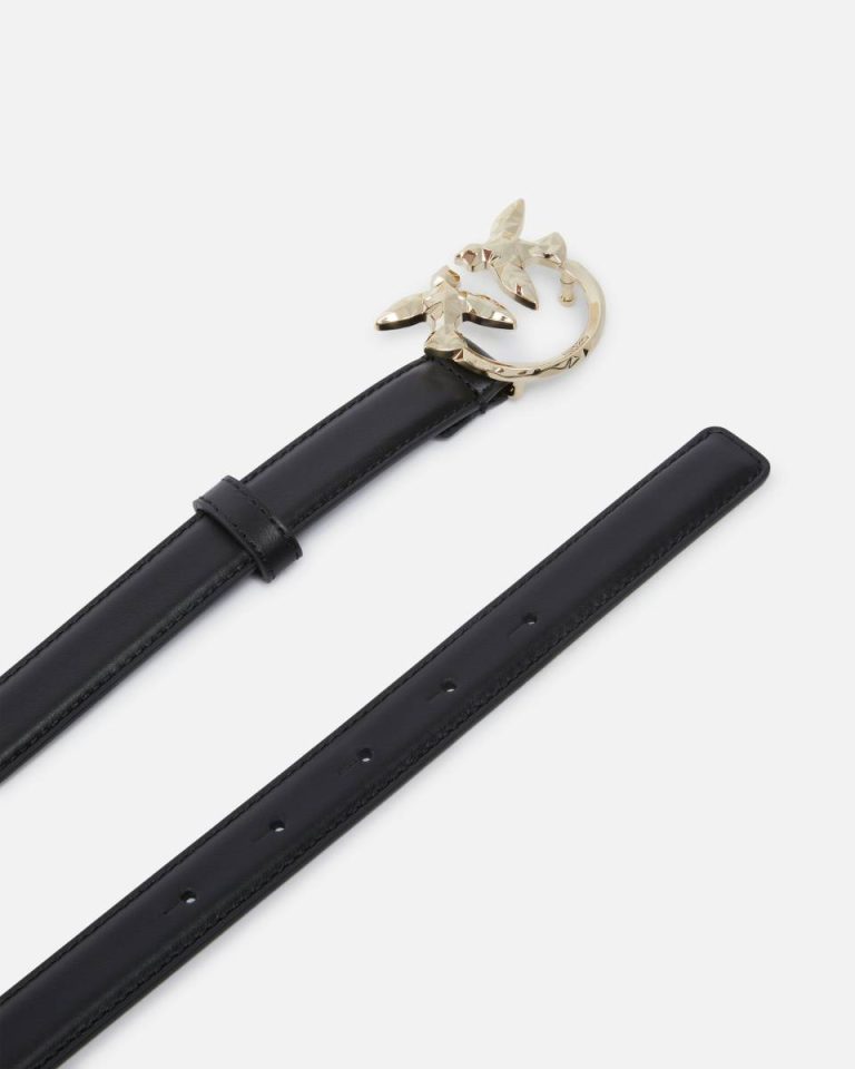 Belts Black-Light Gold Pinko Galleria Slim 2-Cm Leather Belt With Birds Buckle - Image 3