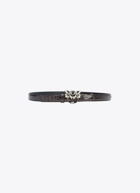 Belts Black-Light Gold Pinko Galleria Thin 2Cm Croc-Print Belt With Love Birds Buckle