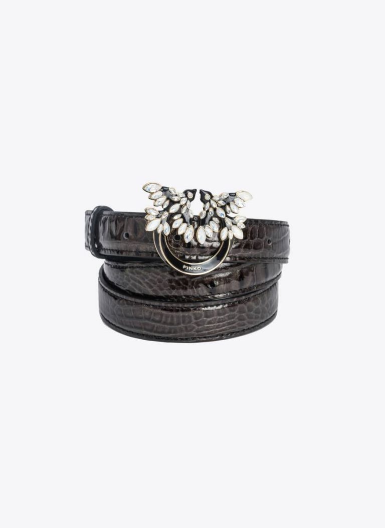Belts Black-Light Gold Pinko Galleria Thin 2Cm Croc-Print Belt With Love Birds Buckle - Image 5