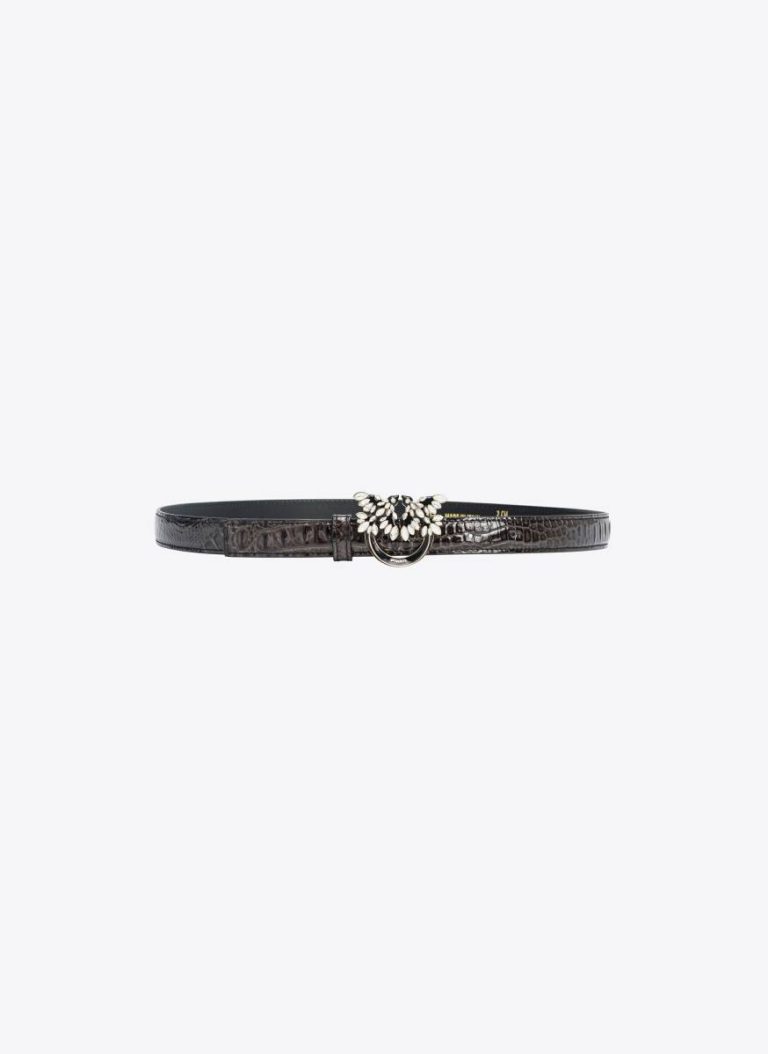 Belts Black-Light Gold Pinko Galleria Thin 2Cm Croc-Print Belt With Love Birds Buckle
