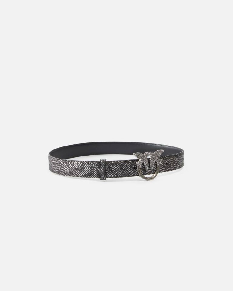 Belts Black-Old Silver Pinko Galleria 3-Cm Belt In Laminated Python Skin With Rhinestone Buckle - Image 2