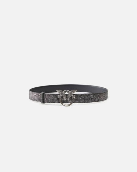 Belts Black-Old Silver Pinko Galleria 3-Cm Belt In Laminated Python Skin With Rhinestone Buckle
