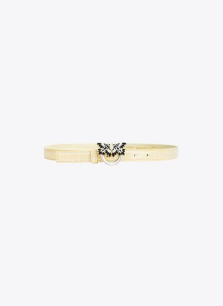 Belts Pinko Galleria Thin 2Cm Shiny Croc-Print Belt With Love Birds Buckle Hay-Light Gold