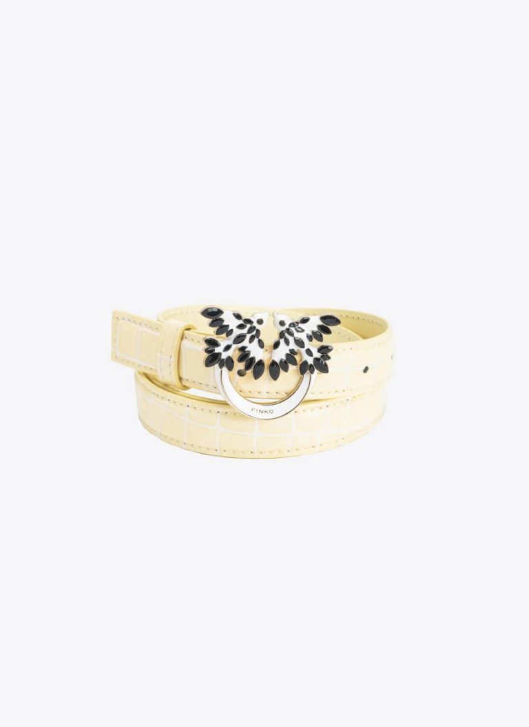 Belts Pinko Galleria Thin 2Cm Shiny Croc-Print Belt With Love Birds Buckle Hay-Light Gold - Image 5