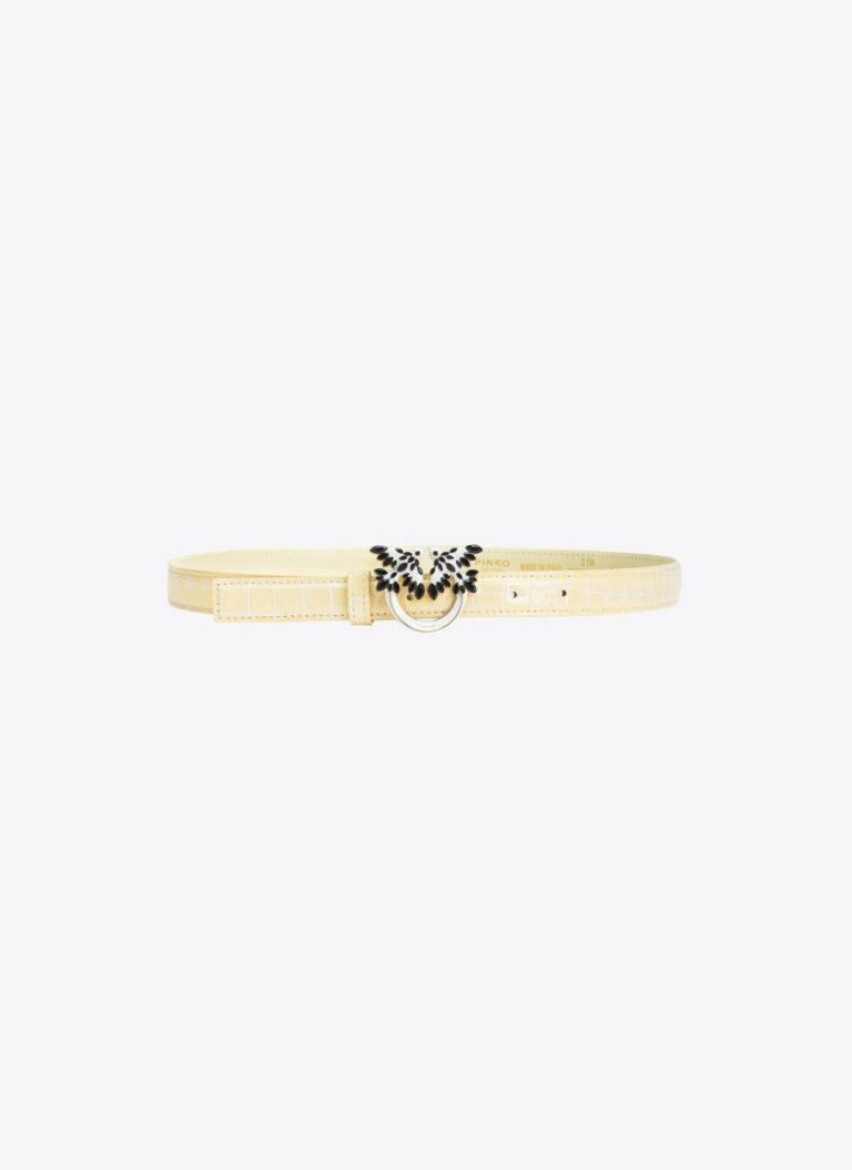 Belts Pinko Galleria Thin 2Cm Shiny Croc-Print Belt With Love Birds Buckle Hay-Light Gold