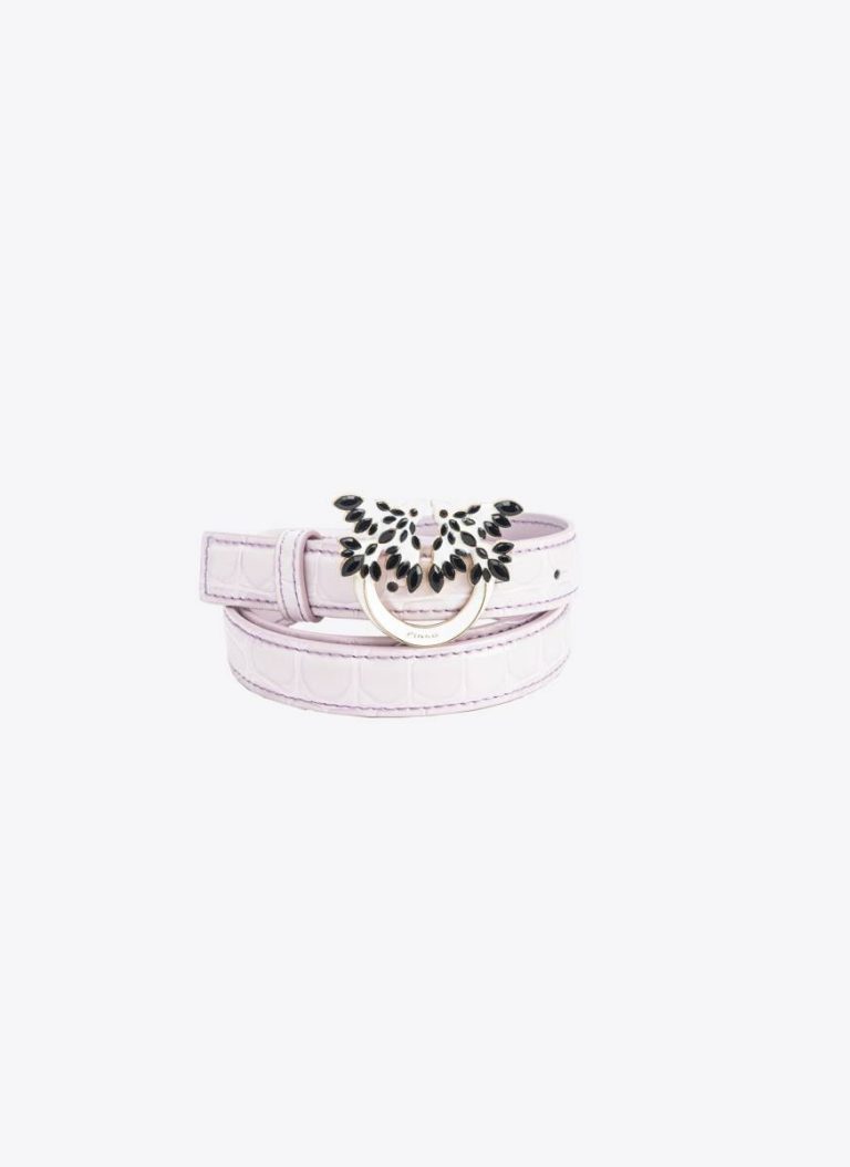 Belts Pinko Galleria Thin 2Cm Shiny Croc-Print Belt With Love Birds Buckle Lilac-Light Gold - Image 5