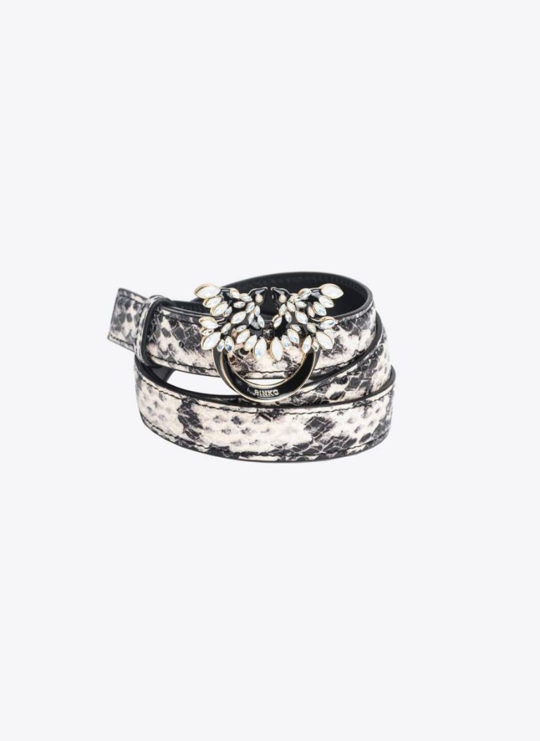 Belts White/Black-Light Gold Pinko Galleria Thin 2Cm Reptile-Print Belt With Love Birds Buckle - Image 5