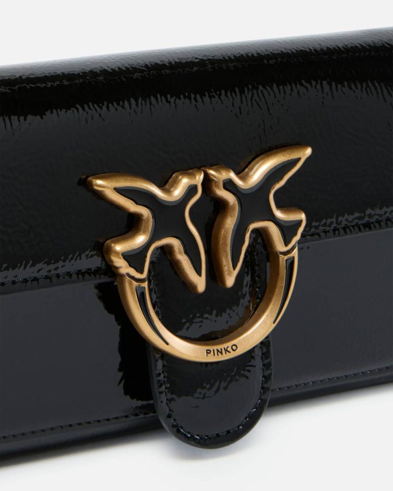 Black-Antique Gold Glossy Wallet With Shoulder Strap With Bird Buckle Pinko Purses - Image 3