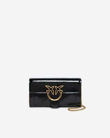 Black-Antique Gold Glossy Wallet With Shoulder Strap With Bird Buckle Pinko Purses