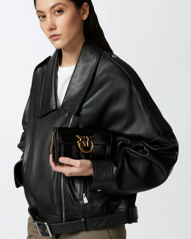 Black-Antique Gold Glossy Wallet With Shoulder Strap With Bird Buckle Pinko Purses - Image 5