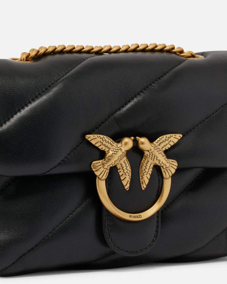 Black-Antique Gold Pinko Mini Love Bag Puff Maxi Quilt Shoulder Bags - Image 3