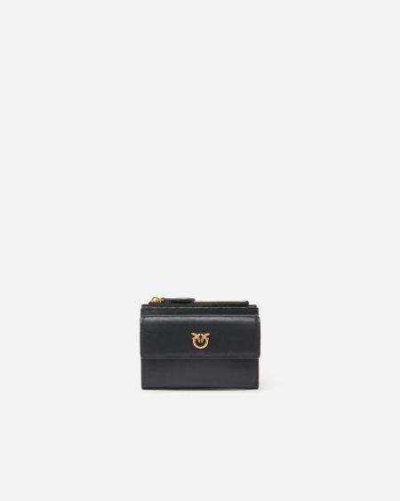 Black-Antique Gold Pinko Purses Compact Small Wallet In Smooth Leather With Logo