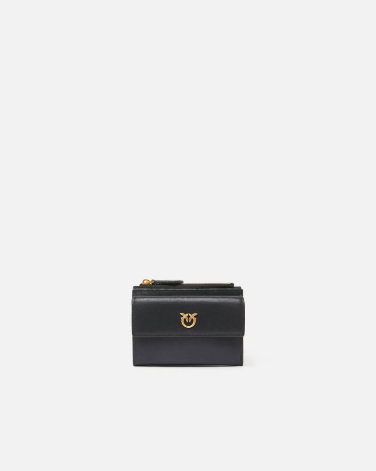 Black-Antique Gold Pinko Purses Compact Small Wallet In Smooth Leather With Logo