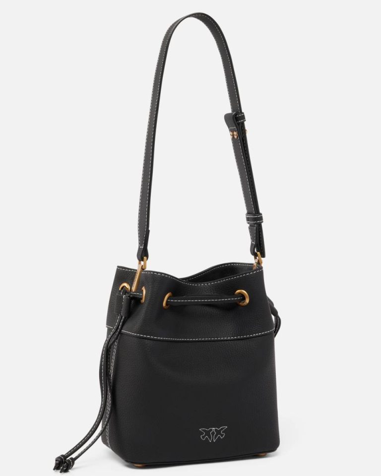 Black-Antique Gold Shoulder Bags Small Leather Bucket Bag With Shoulder Strap Pinko - Image 2