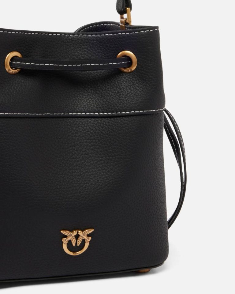 Black-Antique Gold Shoulder Bags Small Leather Bucket Bag With Shoulder Strap Pinko - Image 3