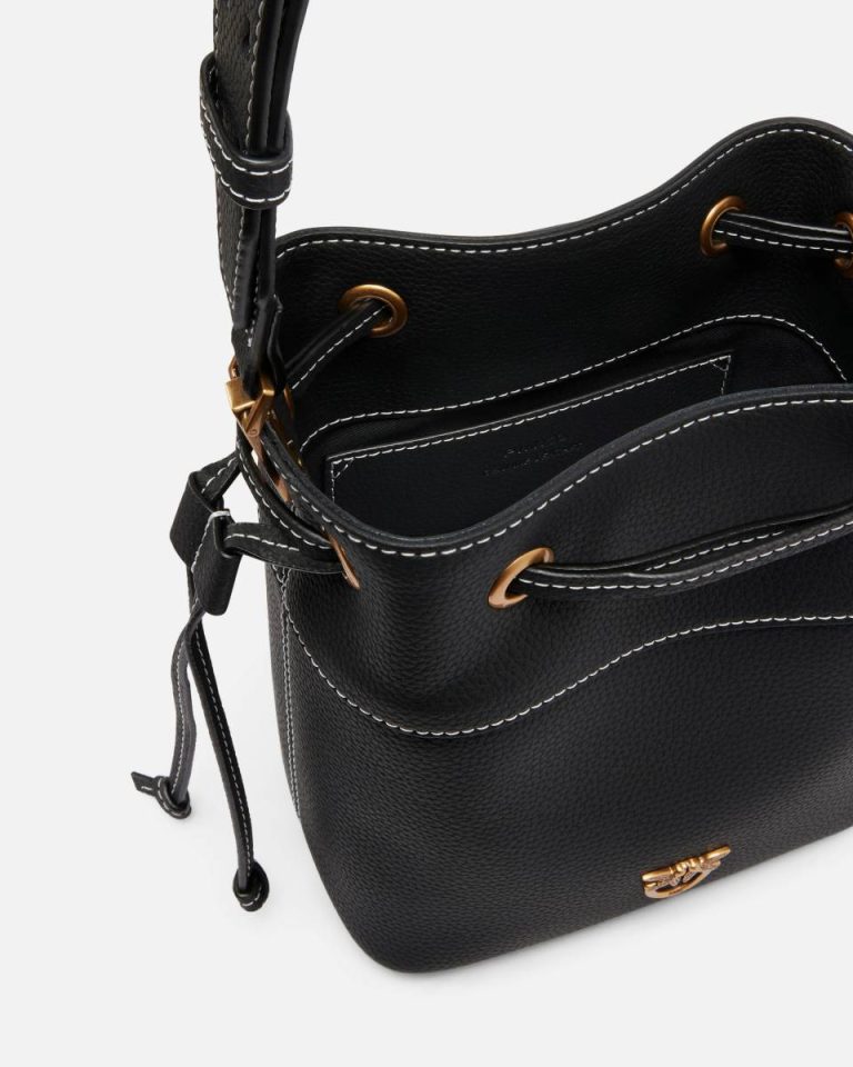 Black-Antique Gold Shoulder Bags Small Leather Bucket Bag With Shoulder Strap Pinko - Image 4