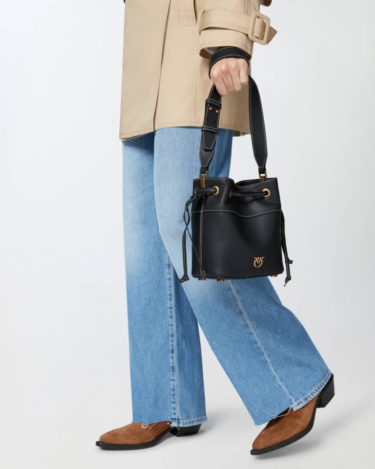 Black-Antique Gold Shoulder Bags Small Leather Bucket Bag With Shoulder Strap Pinko - Image 5
