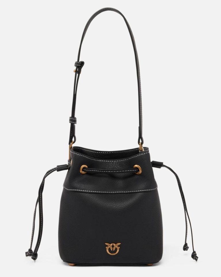 Black-Antique Gold Shoulder Bags Small Leather Bucket Bag With Shoulder Strap Pinko