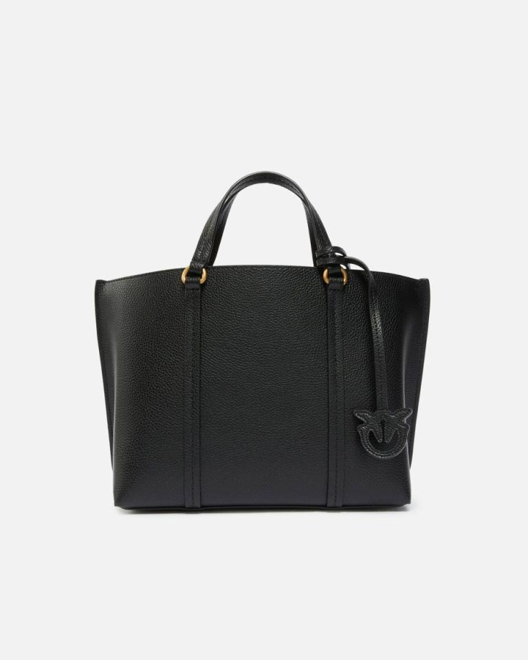 Black-Antique Gold Tumbled Leather Shopper Bag Shopping Bags Pinko