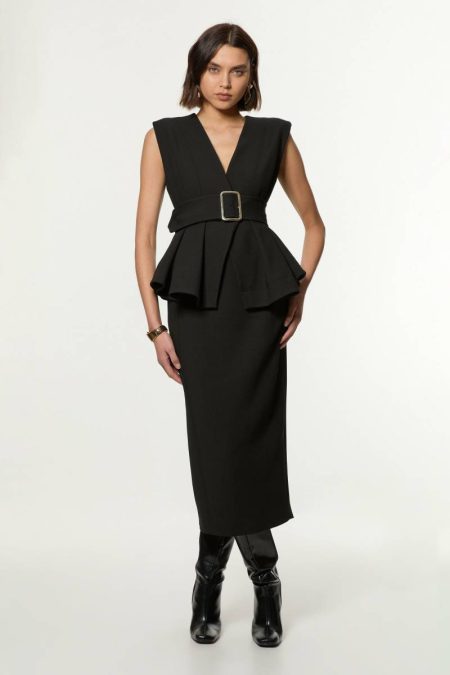 Black Compact Stretch Belted Peplum Tailored Maxi Dress Karen Millen Women Maxi Dresses