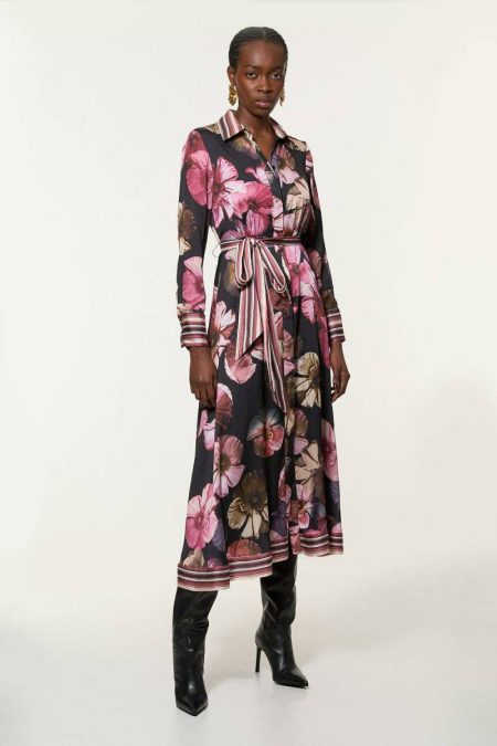 Black Floral Border Print Woven Belted Midi Dress Maxi Dresses Women Karen Millen