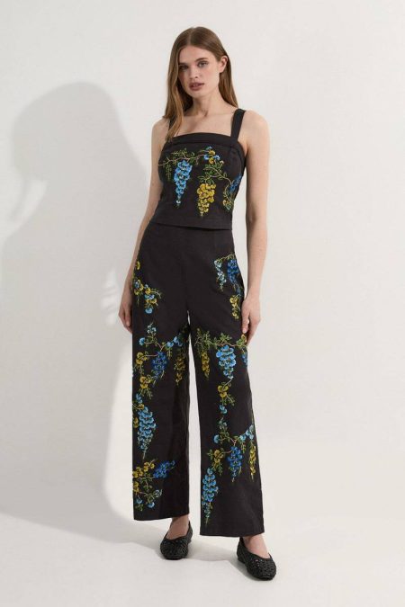 Black Floral Embroidered Cotton Linen Woven Wide Leg Pants Women Karen Millen Two-Piece Sets