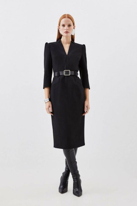 Black Forever Dresses Women Karen Millen Compact Stretch Tailored Forever Belted Midi Dress
