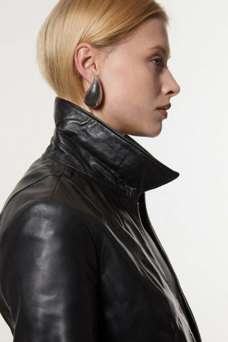 Black Karen Millen Leather Women Leather Collared Zip Through Tailored Jacket