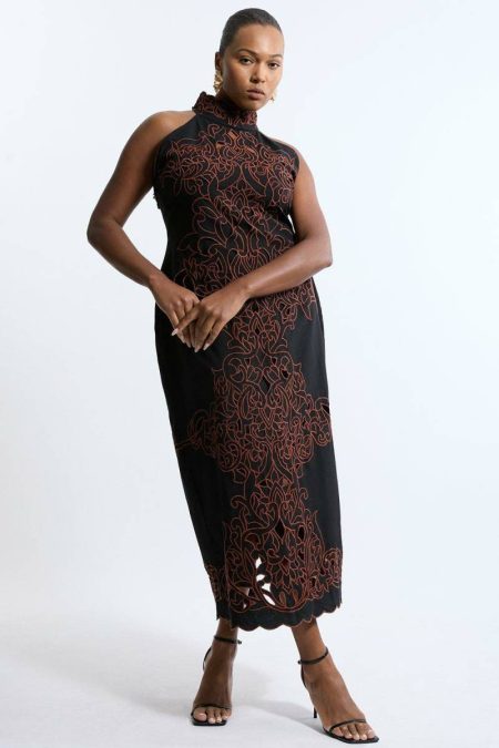 Black Karen Millen Plus Size Cotton Cutwork Woven Halter Midi Tailoring Women