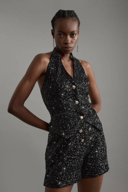 Black Karen Millen Sequin Tailored Mini Shorts Women Tailoring