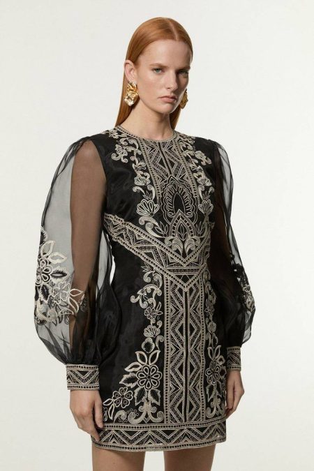 Black Karen Millen Tailoring Petite Embroidered Organdie Balloon Woven Mini Dress Women