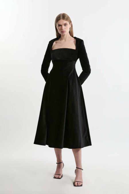Black Karen Millen Women Tailoring Petite Velvet Tailored Pleat Full Skirted Midaxi Dress