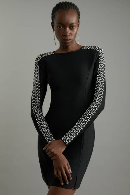 Black Karen Millen Women Tailoring Tall Figure Form Bandage Knit Embellished Mini Dress