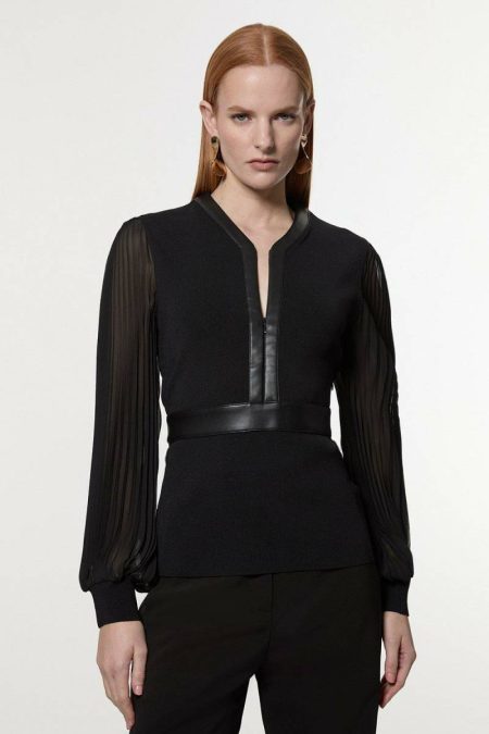 Black Karen Millen Woven Sleeved Pleated Top With Pu Knitwear Women