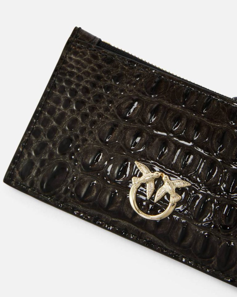 Black-Light Gold Pinko Galleria Croc-Print Card Holder Purses - Image 3