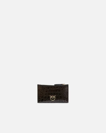 Black-Light Gold Pinko Galleria Croc-Print Card Holder Purses