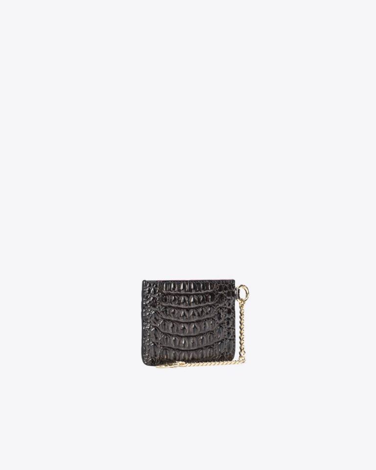 Black-Light Gold Pinko Galleria Croc-Print Leather Card Holder Purses - Image 2