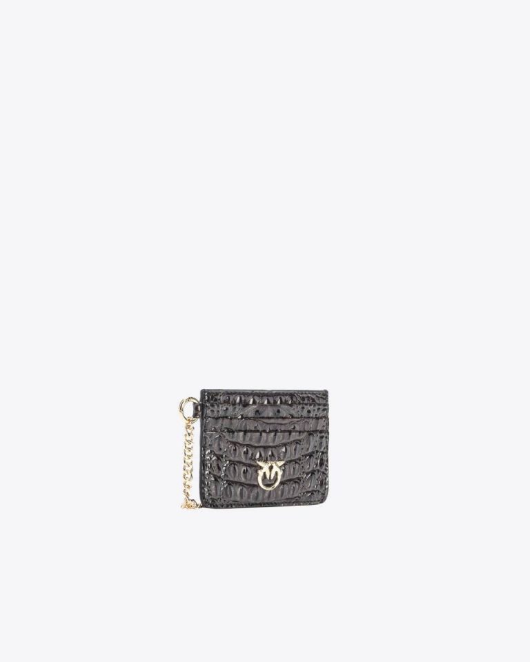 Black-Light Gold Pinko Galleria Croc-Print Leather Card Holder Purses - Image 3