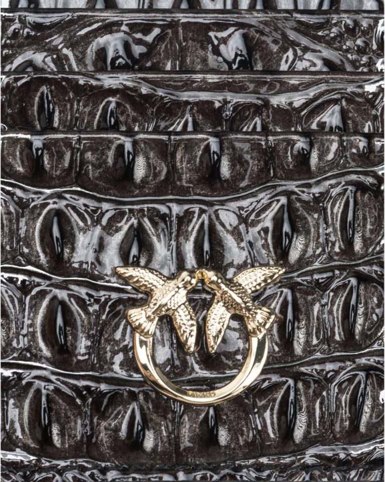 Black-Light Gold Pinko Galleria Croc-Print Leather Card Holder Purses - Image 4