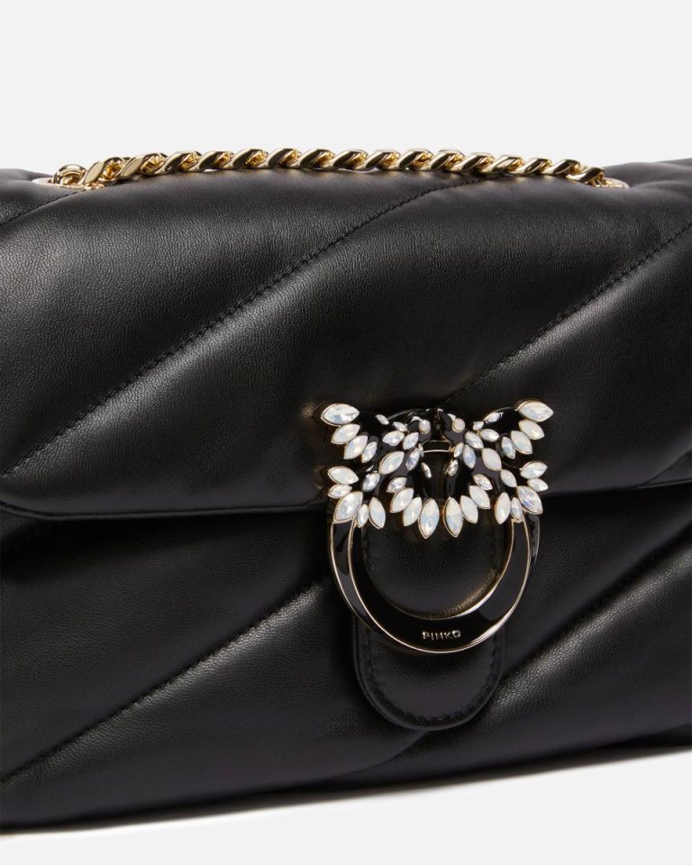 Black-Light Gold Quilted Love Bag Puff Shoulder Bag With Jewel Buckle Pinko Galleria Shoulder Bags - Image 3