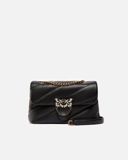 Black-Light Gold Quilted Love Bag Puff Shoulder Bag With Jewel Buckle Pinko Galleria Shoulder Bags